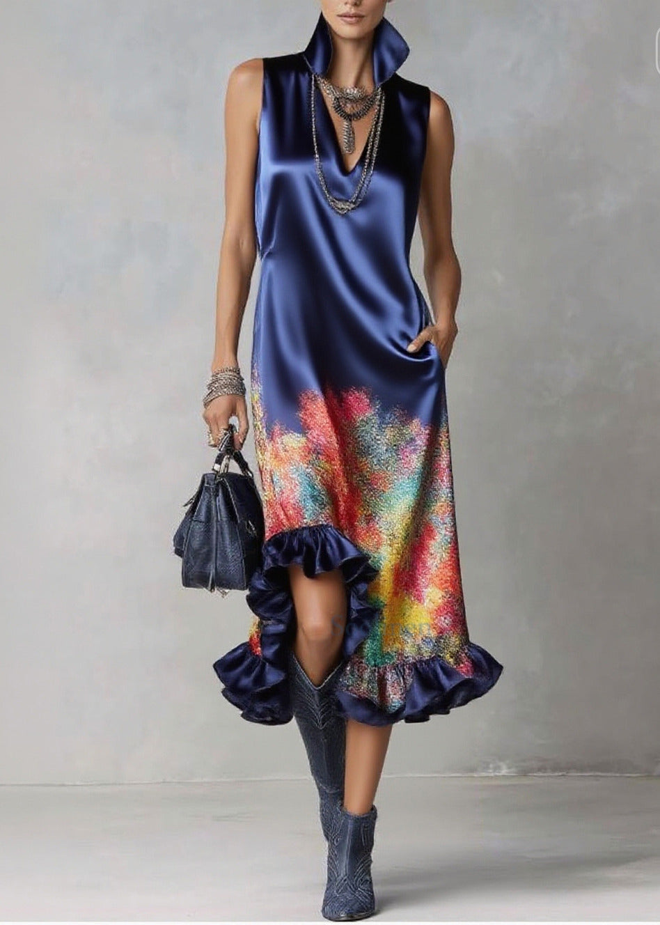 Organic Blue Ruffled Print Silk Party Dress Sleeveless