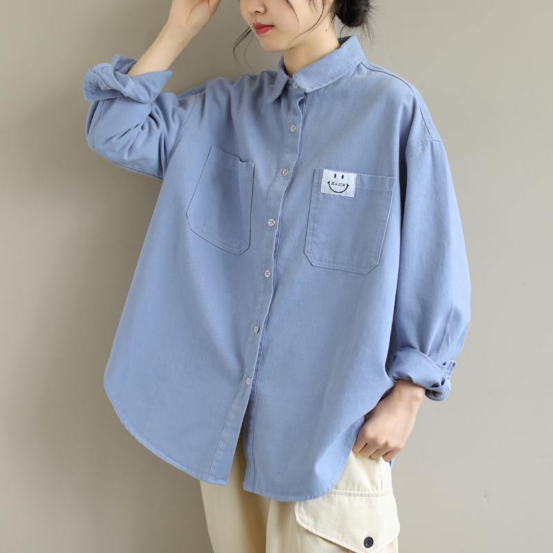 Organic Blue Smiling Face Top Lapel Button Down Midi Spring Shirts - SooLinen