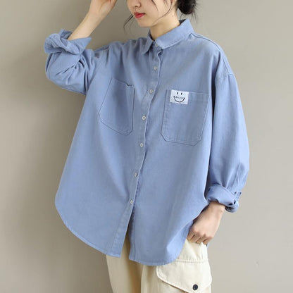 Organic Blue Smiling Face Top Lapel Button Down Midi Spring Shirts - SooLinen
