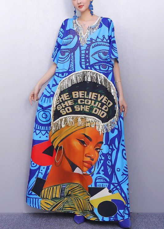 Sommerkleider aus Bio-Baumwolle mit blauem Quastenmuster