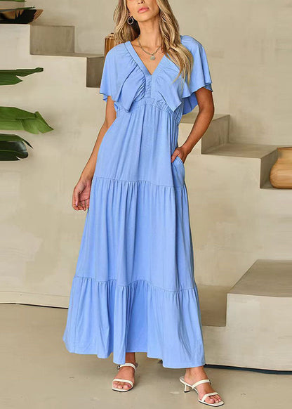 Organic Blue V Neck High Waist Cotton Maxi Dresses Summer