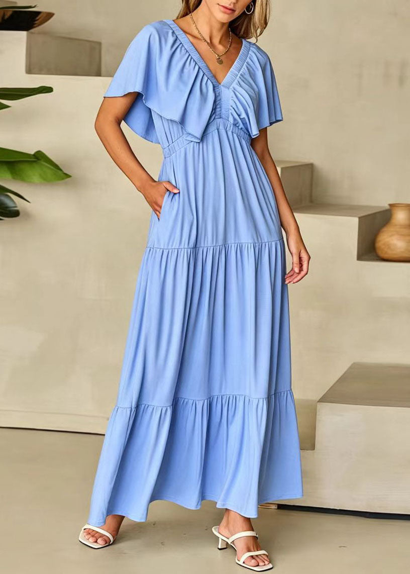 Organic Blue V Neck High Waist Cotton Maxi Dresses Summer