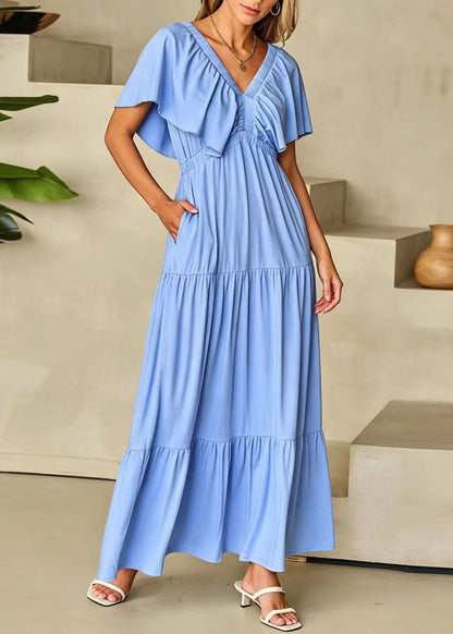 Organic Blue V Neck High Waist Cotton Maxi Dresses Summer