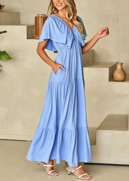 Organic Blue V Neck High Waist Cotton Maxi Dresses Summer