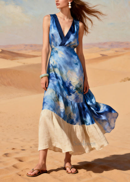 Organic Blue V Neck Patchwork Silk Dress Summer