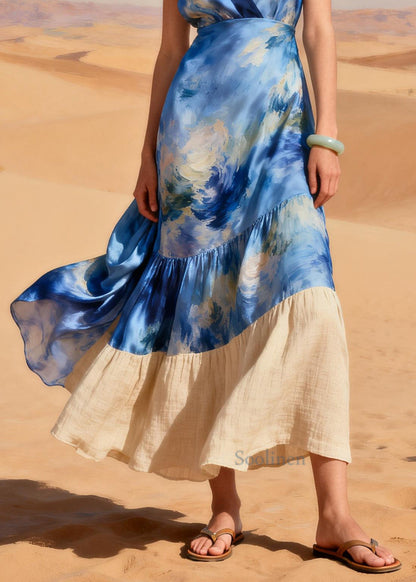 Organic Blue V Neck Patchwork Silk Dress Summer