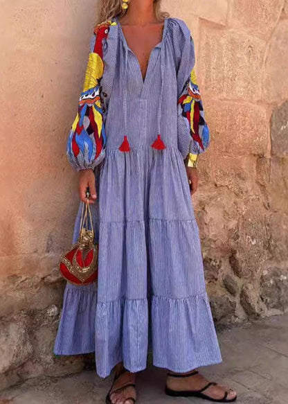 Organic Blue V Neck Print Patchwork Cotton Vacation Dresses Spring
