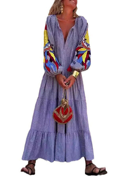 Organic Blue V Neck Print Patchwork Cotton Vacation Dresses Spring
