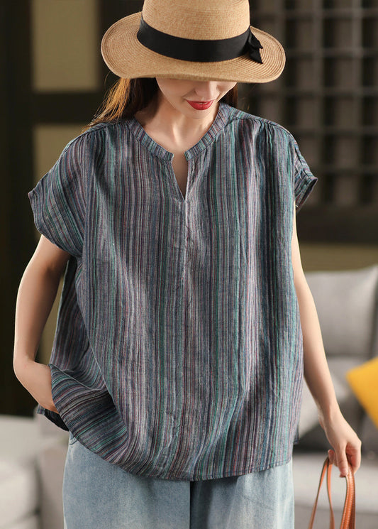 Organic Blue V Neck Striped Linen Shirt Top Summer