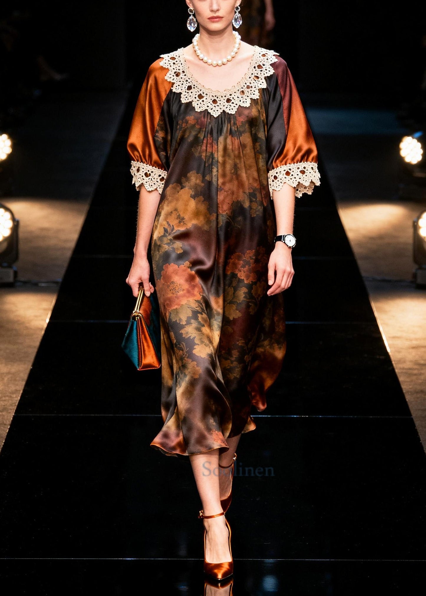 Organic Brown Oversized Patchwork Silk Ankle Dress Summer