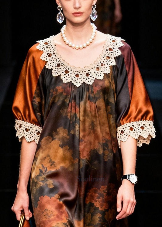 Organic Brown Oversized Patchwork Silk Ankle Dress Summer