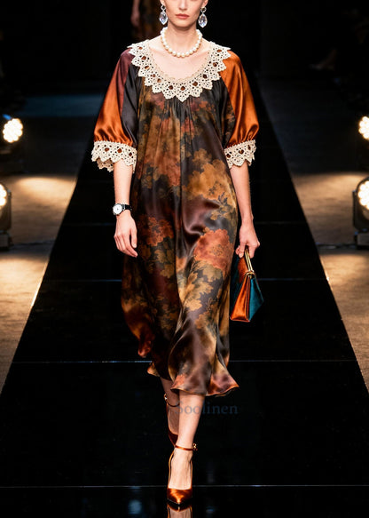 Organic Brown Oversized Patchwork Silk Ankle Dress Summer