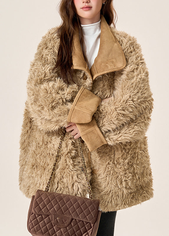 Bio-brauner Wintermantel mit Taschen, Fleecefutter aus Wolle, beidseitig tragbar