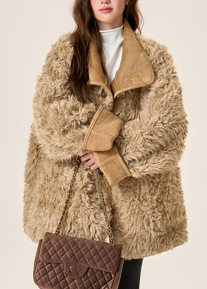 Bio-brauner Wintermantel mit Taschen, Fleecefutter aus Wolle, beidseitig tragbar