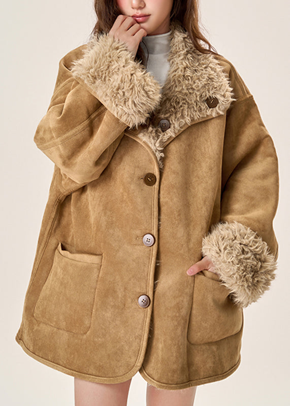 Bio-brauner Wintermantel mit Taschen, Fleecefutter aus Wolle, beidseitig tragbar