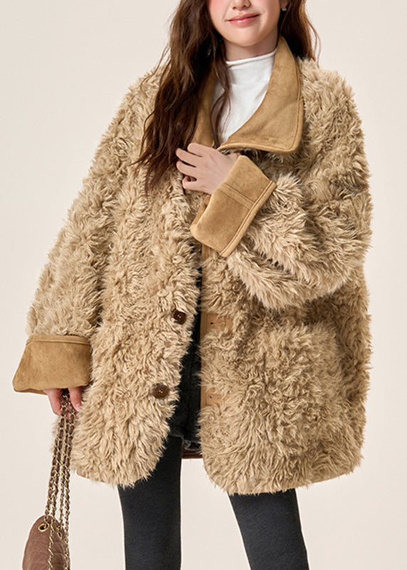 Bio-brauner Wintermantel mit Taschen, Fleecefutter aus Wolle, beidseitig tragbar