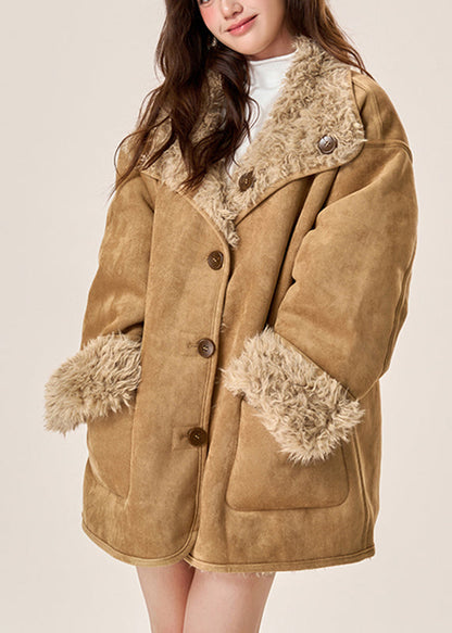 Bio-brauner Wintermantel mit Taschen, Fleecefutter aus Wolle, beidseitig tragbar