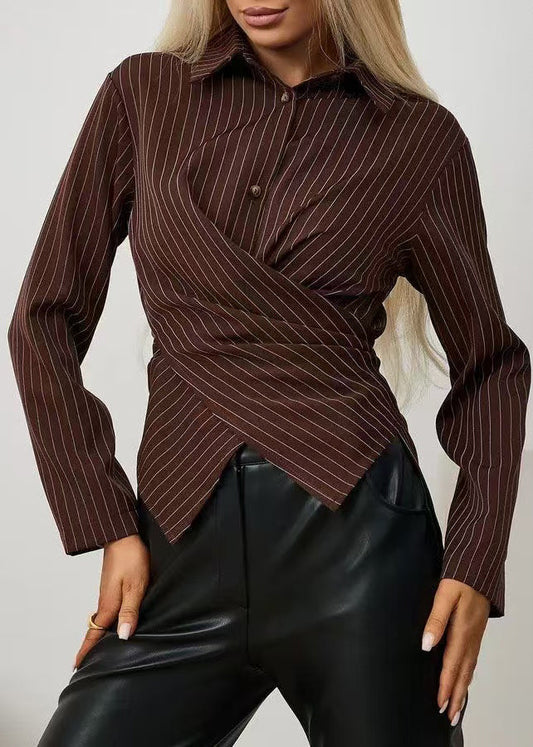 Organic Brown Striped Peter Pan Collar Cotton Blouse Tops Long Sleeve