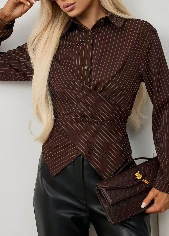 Organic Brown Striped Peter Pan Collar Cotton Blouse Tops Long Sleeve