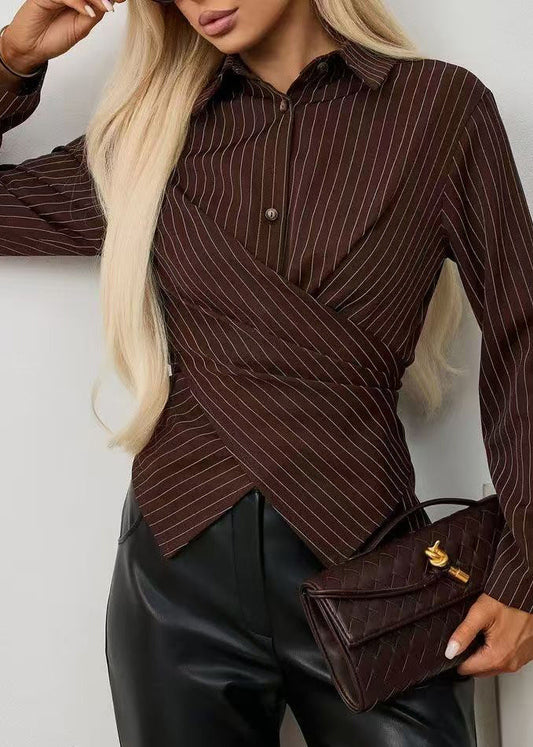 Organic Brown Striped Peter Pan Collar Cotton Blouse Tops Long Sleeve