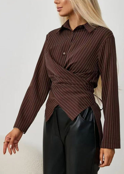 Organic Brown Striped Peter Pan Collar Cotton Blouse Tops Long Sleeve
