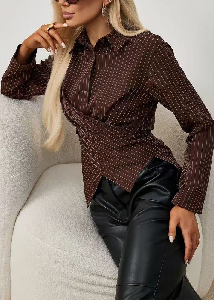 Organic Brown Striped Peter Pan Collar Cotton Blouse Tops Long Sleeve