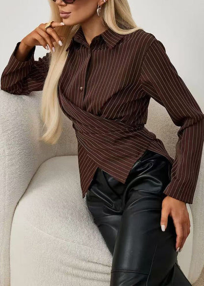 Organic Brown Striped Peter Pan Collar Cotton Blouse Tops Long Sleeve