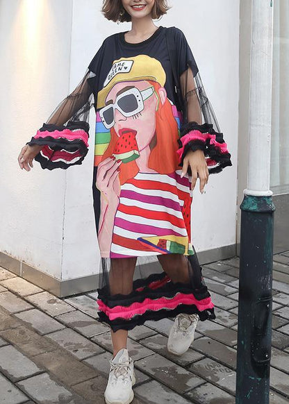 Organic Cartoon print cotton dresses lantern sleeve Dresses summer Dresses - SooLinen