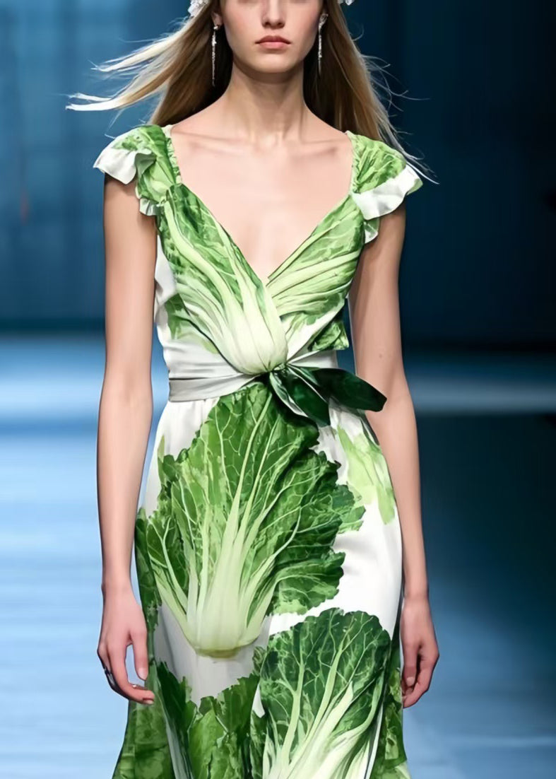 Organic Chinese Cabbage Print Draping Chiffon Tea Dress Sleeveless