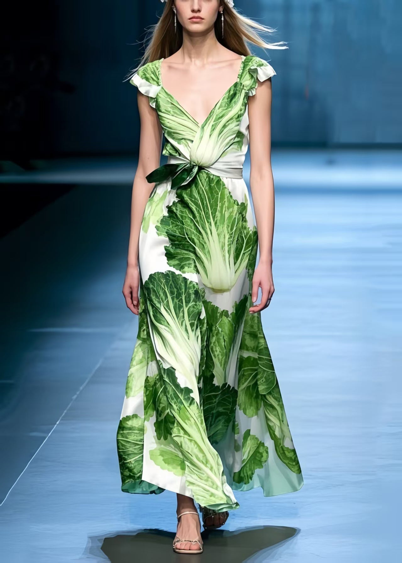 Organic Chinese Cabbage Print Draping Chiffon Tea Dress Sleeveless