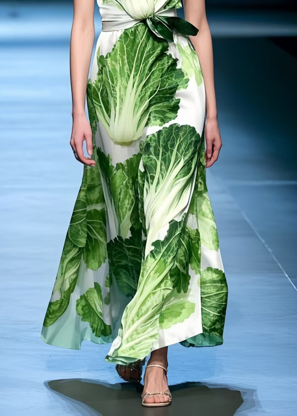 Organic Chinese Cabbage Print Draping Chiffon Tea Dress Sleeveless
