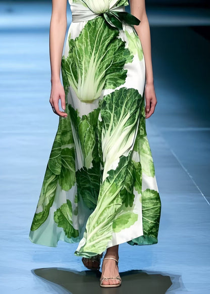 Organic Chinese Cabbage Print Draping Chiffon Tea Dress Sleeveless