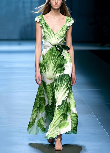 Organic Chinese Cabbage Print Draping Chiffon Tea Dress Sleeveless