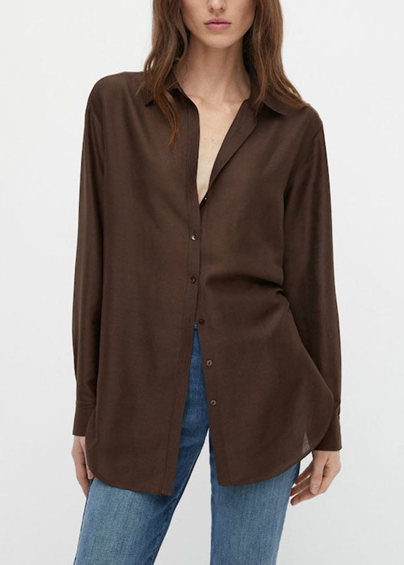 Camisas drapeadas de cuello Peter Pan de café orgánico de manga larga