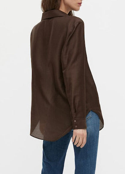 Camisas drapeadas de cuello Peter Pan de café orgánico de manga larga