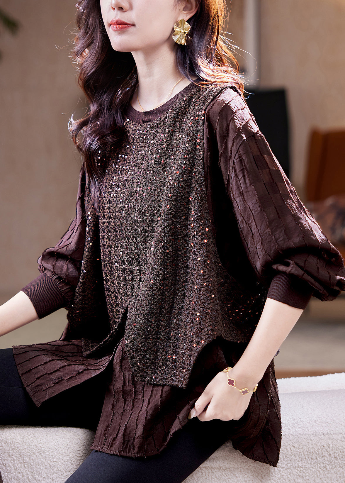 Organic Coffee Sequins Patchwork Fake Two Pieces Shirt Fall