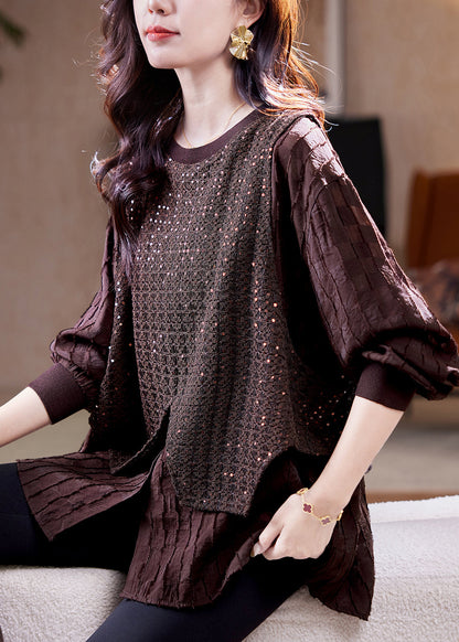 Organic Coffee Sequins Patchwork Fake Two Pieces Shirt Fall