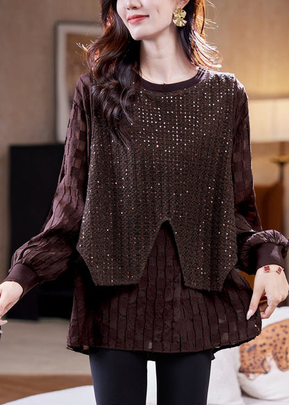 Organic Coffee Sequins Patchwork Fake Two Pieces Shirt Fall
