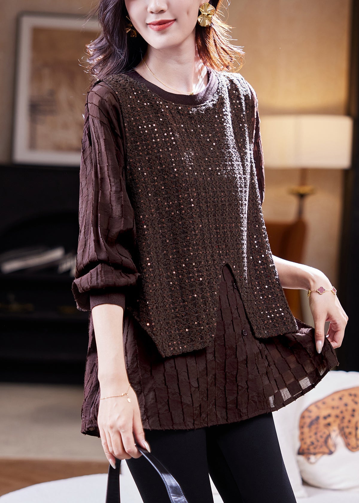 Organic Coffee Sequins Patchwork Fake Two Pieces Shirt Fall