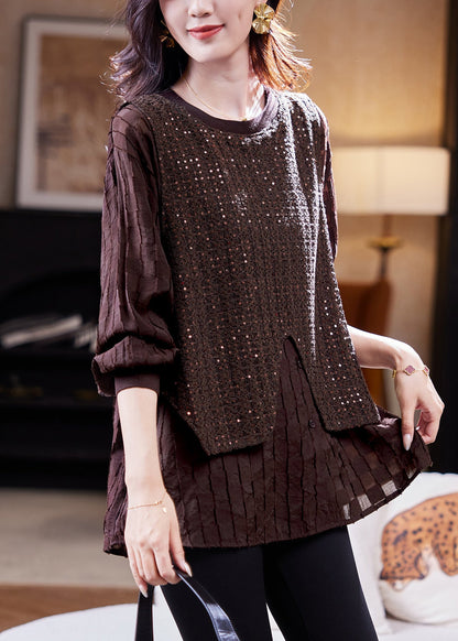 Organic Coffee Sequins Patchwork Fake Two Pieces Shirt Fall