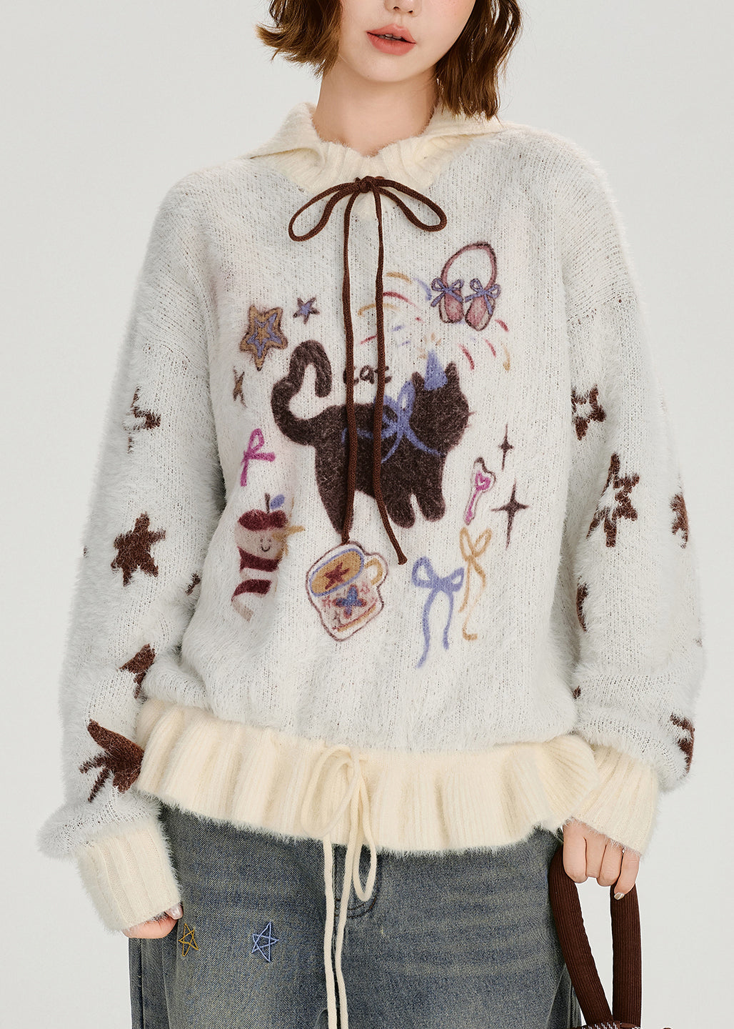 Organic Colorblock Cartoon Jacquard Patchwork Knitted Sweater Spring