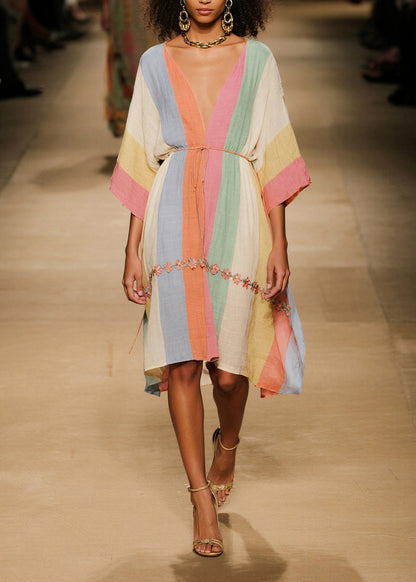 Organic Colorblock V Neck Floral Cotton Mid Dresses Summer