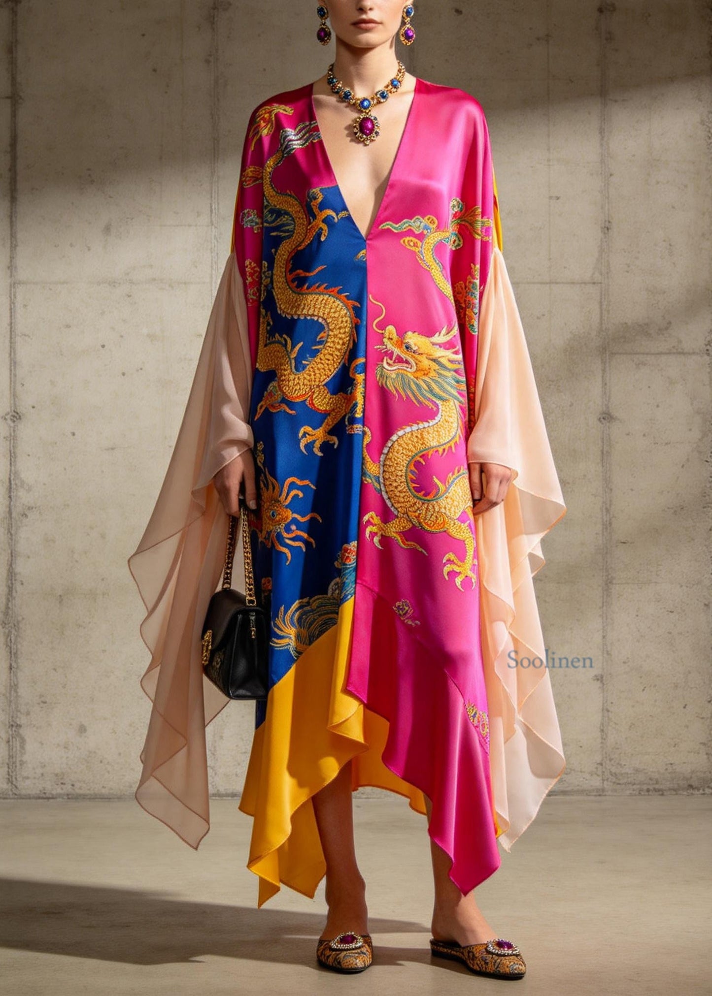 Organic Colorblock V Neck Print Chiffon Ankle Dress Summer