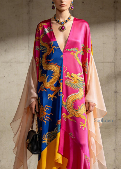 Organic Colorblock V Neck Print Chiffon Ankle Dress Summer