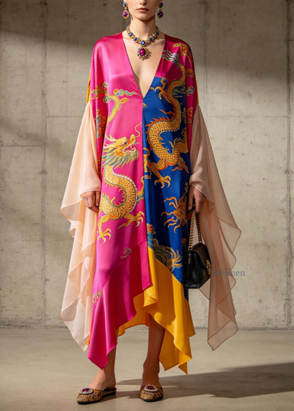 Organic Colorblock V Neck Print Chiffon Ankle Dress Summer