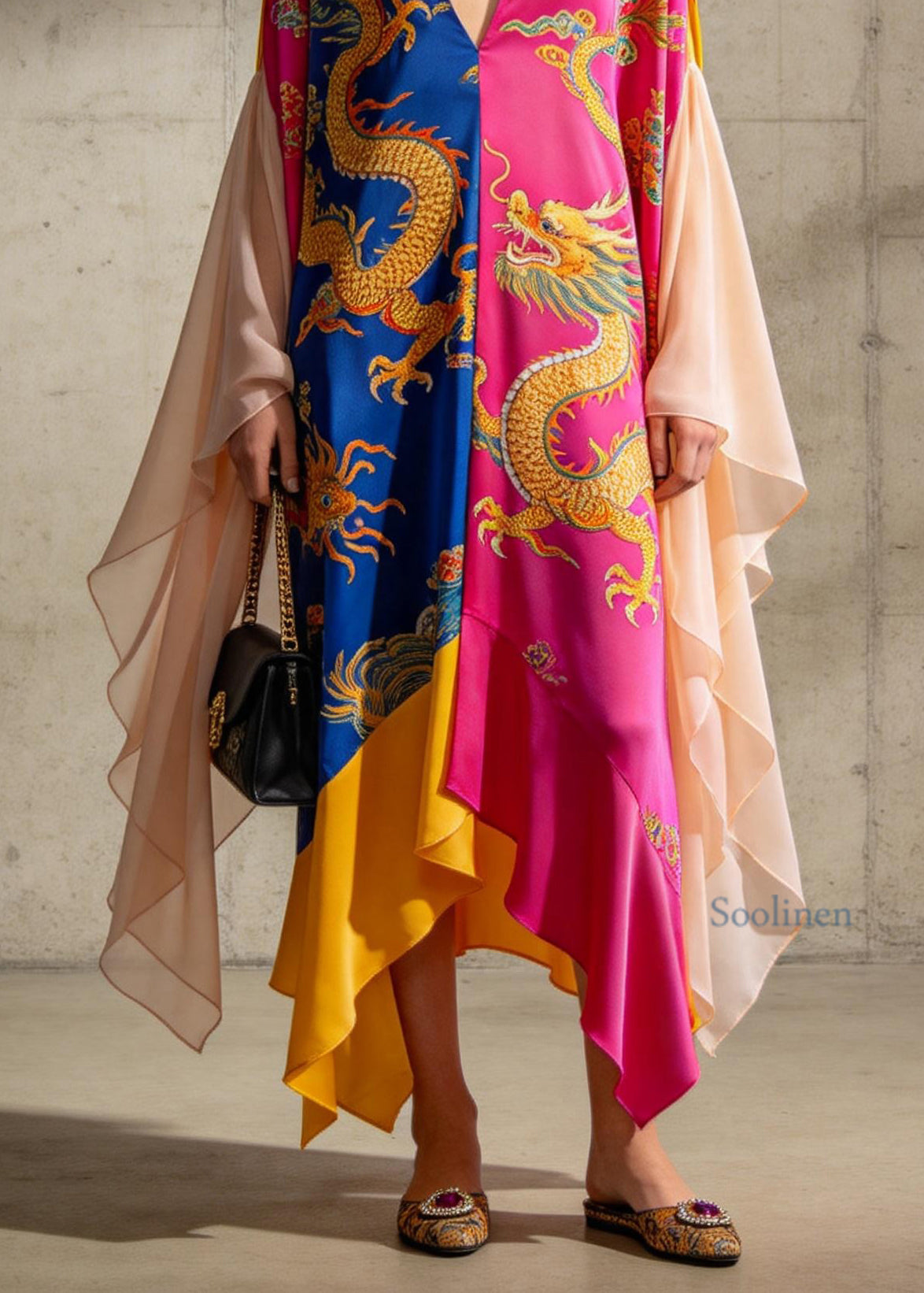 Organic Colorblock V Neck Print Chiffon Ankle Dress Summer