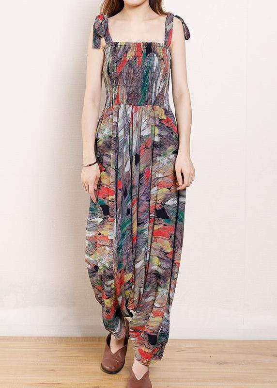 Organic Cotton Sleeveless Fun Vintage Cotton Print Drawstring Loose Jumpsuit - SooLinen