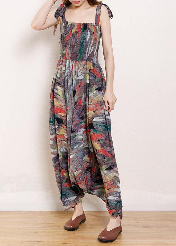 Organic Cotton Sleeveless Fun Vintage Cotton Print Drawstring Loose Jumpsuit - SooLinen