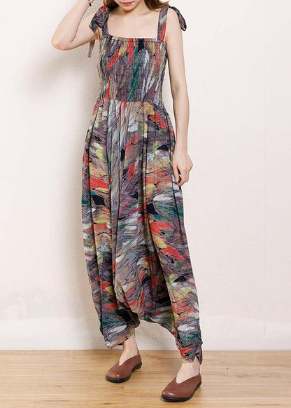 Organic Cotton Sleeveless Fun Vintage Cotton Print Drawstring Loose Jumpsuit - SooLinen