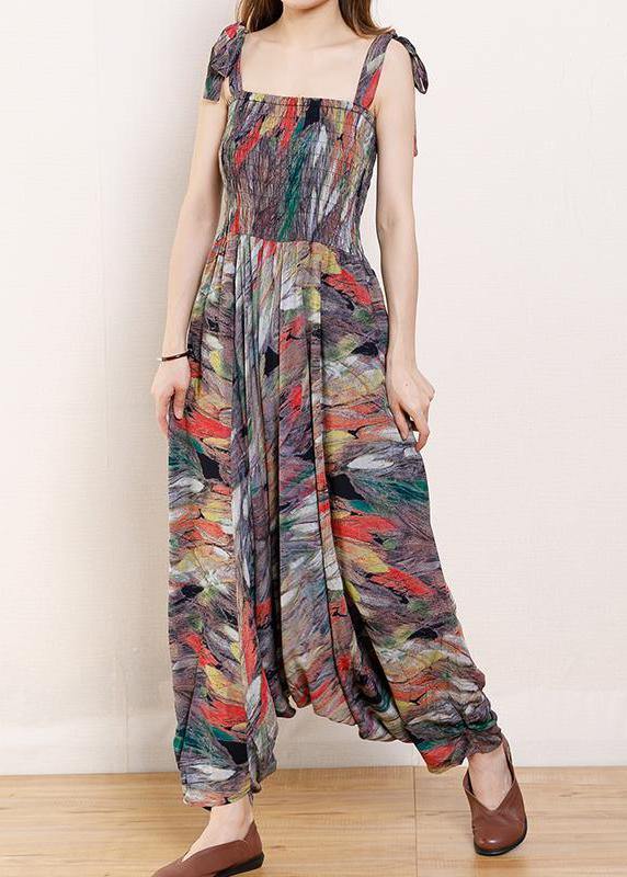 Organic Cotton Sleeveless Fun Vintage Cotton Print Drawstring Loose Jumpsuit - SooLinen